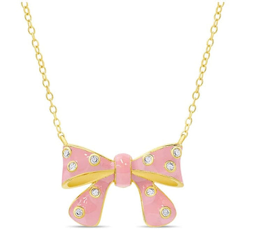 LILY NILY Bow Necklace With Cz - Pink