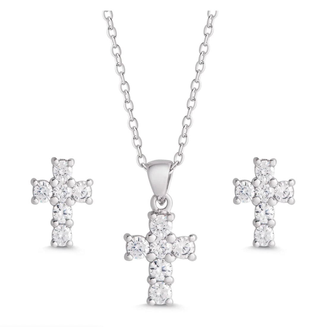 Lily & Nily CZ Cross Pendant and Stud Earrings Set in Sterling Silver