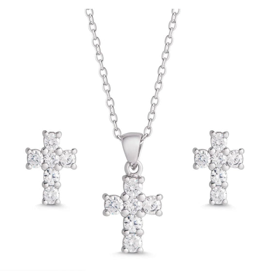 Lily & Nily CZ Cross Pendant and Stud Earrings Set in Sterling Silver