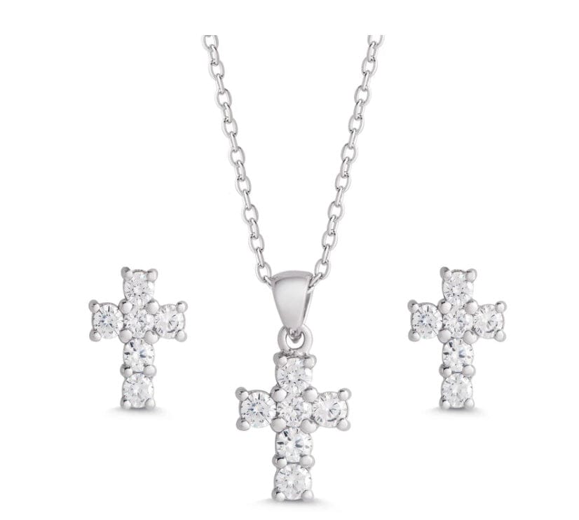 LILY NILY Cz Cross Pendant & Stud Earrings Set In Sterling Silver