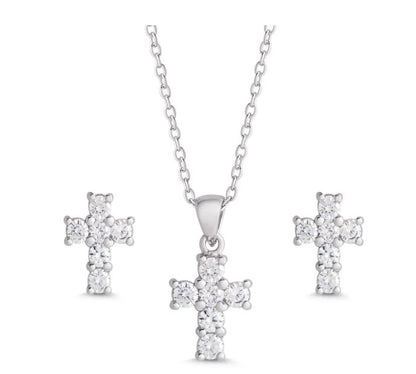 LILY NILY Cz Cross Pendant & Stud Earrings Set In Sterling Silver