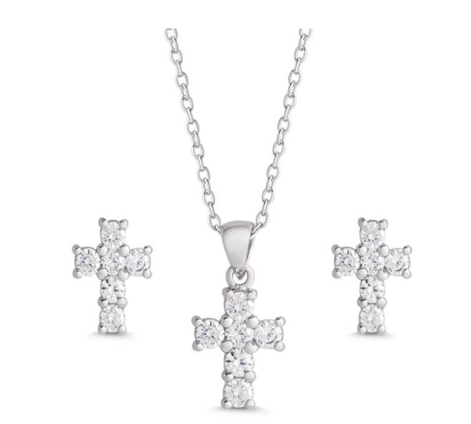 LILY NILY Cz Cross Pendant & Stud Earrings Set In Sterling Silver