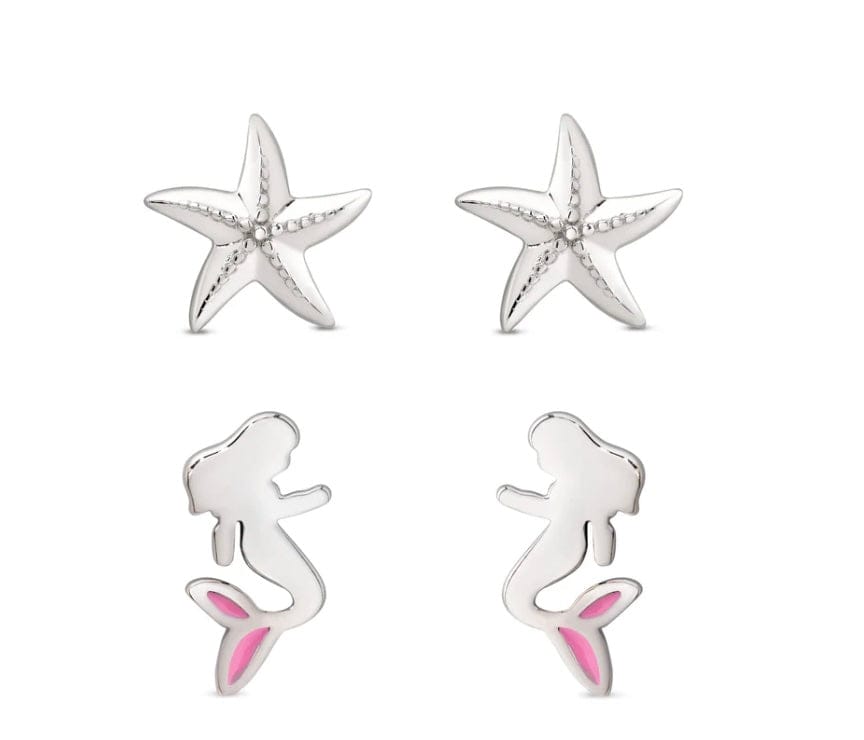 Lily & Nily Mermaid and Starfish Stud Set in Sterling Silver