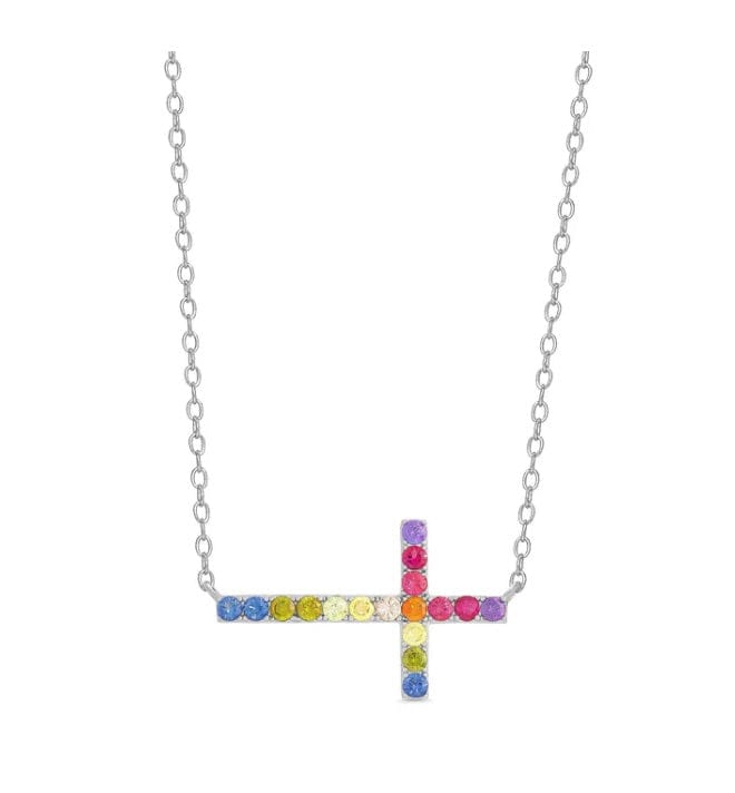 Lily & Nily Rainbow CZ Sideways Cross Necklace