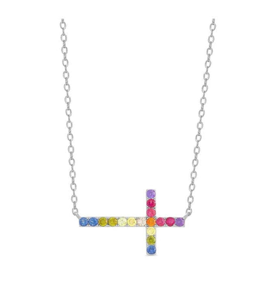 Lily & Nily Rainbow CZ Sideways Cross Necklace