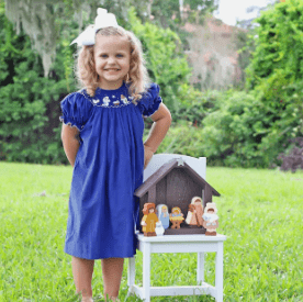 Lit Cats Royal Blue  Nativity Smocked Bishop Dress