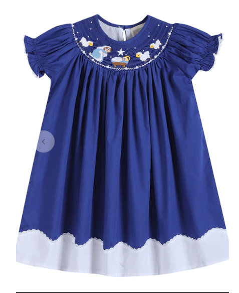 Lit Cats Royal Blue Christmas Nativity Smocked Bishop Dress