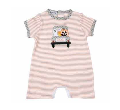 Little Beach Babes Boutique  MAGNOLIA BABY BOYS ORANGE TRUNK AND TREAT HALLOWEEN PLAYSUIT - SHORT