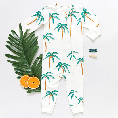 Little Beach Babes Boutique  Pink chicken-Baby Organic Romper - Cream Palm Trees