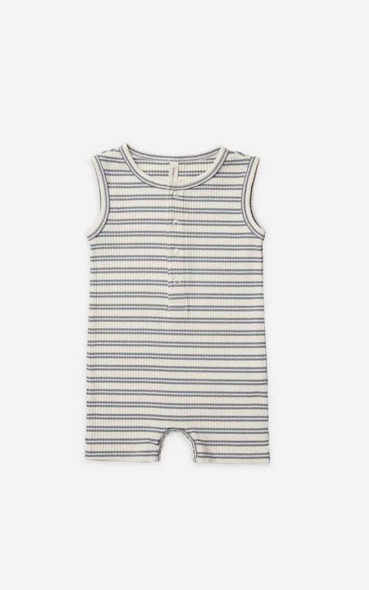 Little Beach Babes Boutique  Quincy Mae-SS23-Ribbed Henley Romper-Ocean Stripe