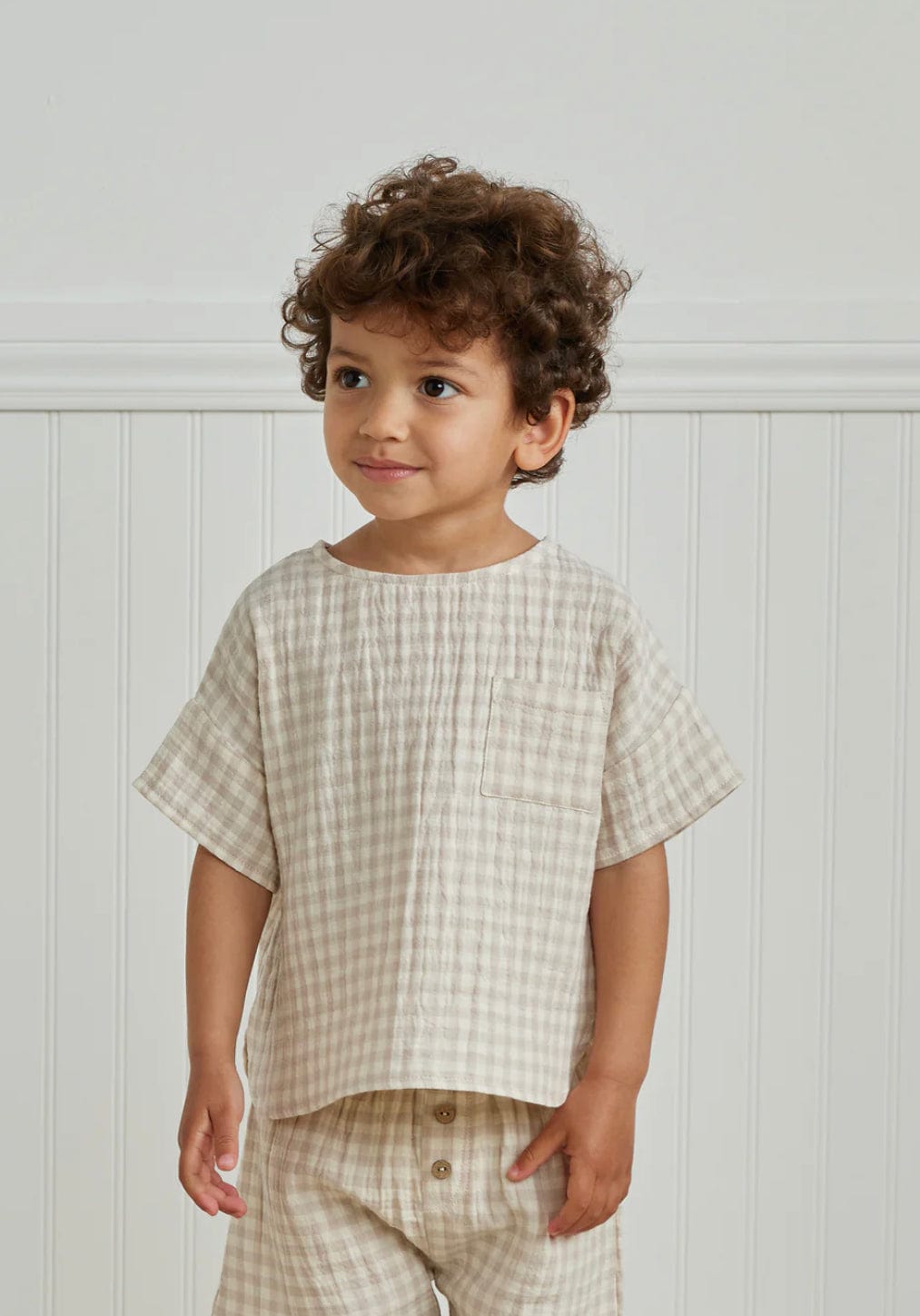 Little Beach Babes Boutique  Quincy Mae-SS23-woven boxy top | silver gingham