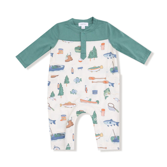 Little Beach Babes Boutique  Angel Dear Romper w/Contrast Sleeves in Fishing Things