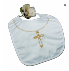 Little Things Mean a Lot Default Cotton Christening Bib with Fancy Embroidered Gold Chain and Ornate Cross