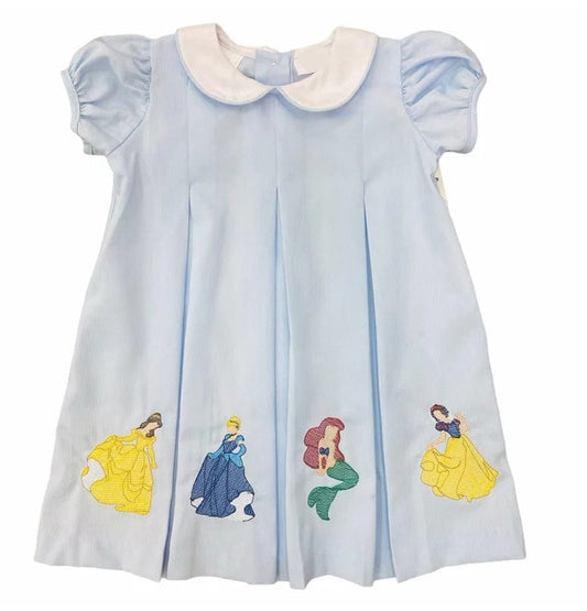 LuLu BeBe LULU BEBE GIRLS DANA DRESS - EMBROIDERED PRINCESSES - BLUE