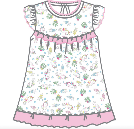 Magnolia Baby Magnolia Baby SS 23 Sea Unicorns Pink Printed Ruffle Flutters Toddler Dress