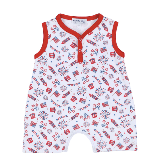Magnolia Baby Red, White & Blue! Print Front Snap  Short Playsuit