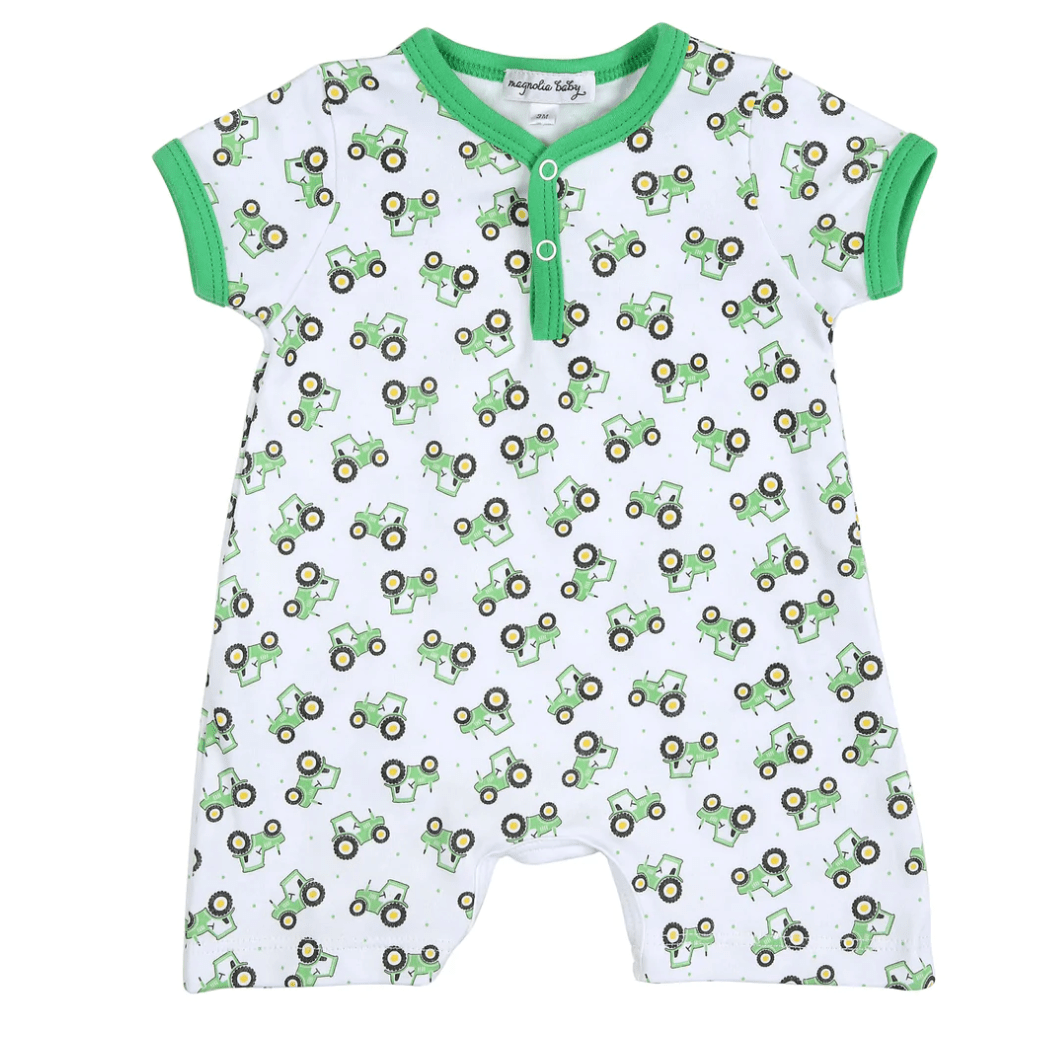 Magnolia Baby Tiny Tractor Printed Front Snap Short Playsuit