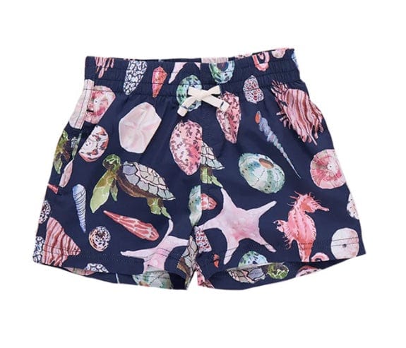 Pink Chicken Navy watercolor shells swim trunks