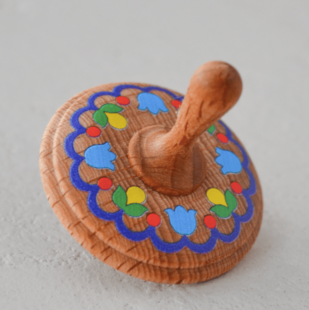 PoppyBabyCo flowers large Wooden Spinning Top Toy painted