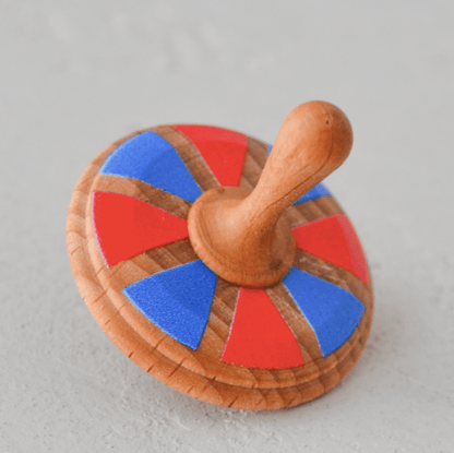 PoppyBabyCo red/blue Wooden Spinning Top Toy painted
