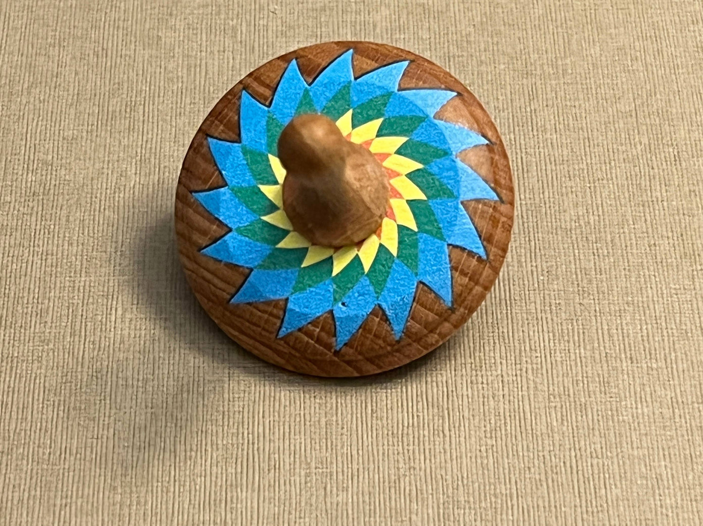 PoppyBabyCo yellow/blue Wooden Spinning Top Toy painted