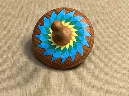 PoppyBabyCo yellow/blue Wooden Spinning Top Toy painted