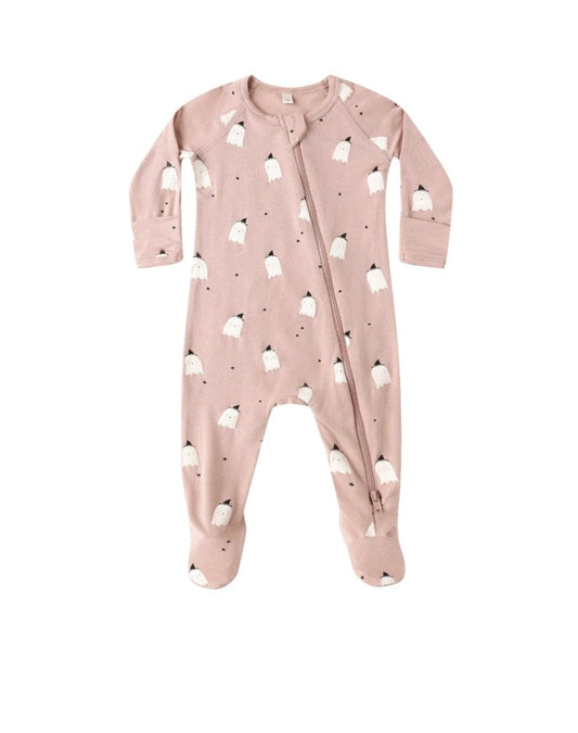 Quincy Mae BAMBOO ZIP FOOTIE  PINK GHOSTS