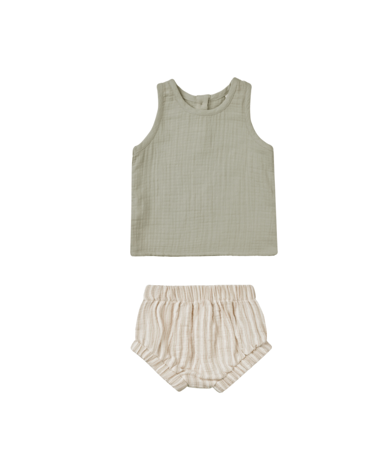 Quincy Mae WOVEN TANK + SHORT SET || SAGE STRIPE