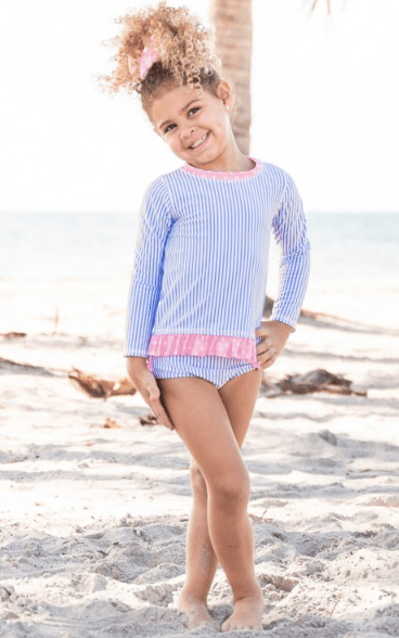 Ruffle Butts Periwinkle Blue Seersucker Long Sleeve Rash Guard Bikini