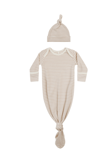 Rylee & Cru KNOTTED BABY GOWN + HAT SET  OAT STRIPE