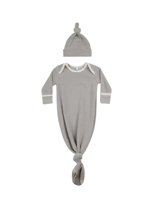 Rylee & Cru NB KNOTTED BABY GOWN + HAT SET LAGOON MICRO STRIPE