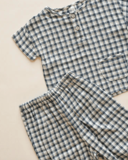 Rylee & Cru Navy Check Woven Henley Tee