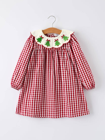 Rylee Faith Designs Christmas Embroidered Christmas Tree Plaid Girls Dress