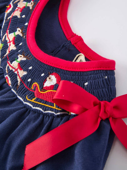Rylee Faith Designs Christmas Holiday Celebration Baby Girls Romper: Navy with Santa Sleigh