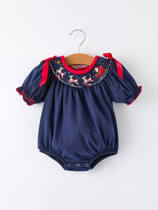 Rylee Faith Designs Christmas Holiday Celebration Baby Girls Romper: Navy with Santa Sleigh