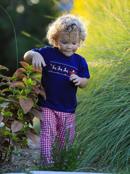 Rylee Faith Designs Christmas Holiday Celebration Boys Set: Navy with Santa Sleigh