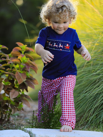 Rylee Faith Designs Christmas Holiday Celebration Boys Set: Navy with Santa Sleigh