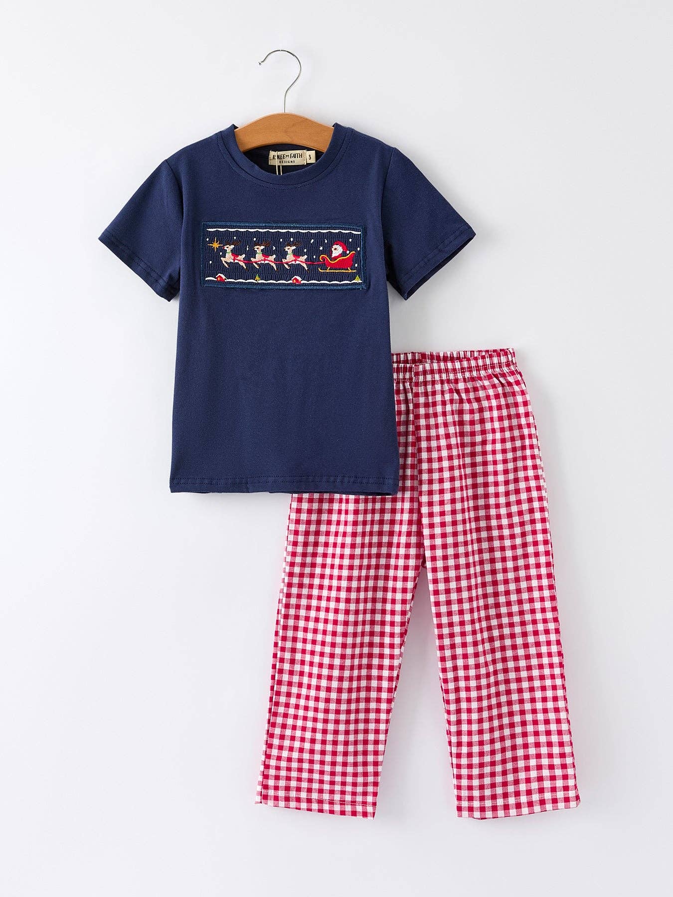 Rylee Faith Designs Christmas Holiday Celebration Boys Set: Navy with Santa Sleigh