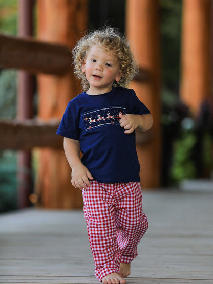 Rylee Faith Designs Christmas Holiday Celebration Boys Set: Navy with Santa Sleigh