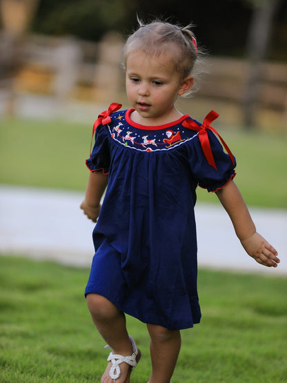 Rylee Faith Designs Christmas  Holiday Celebration Dress: Navy with Santa Sleigh
