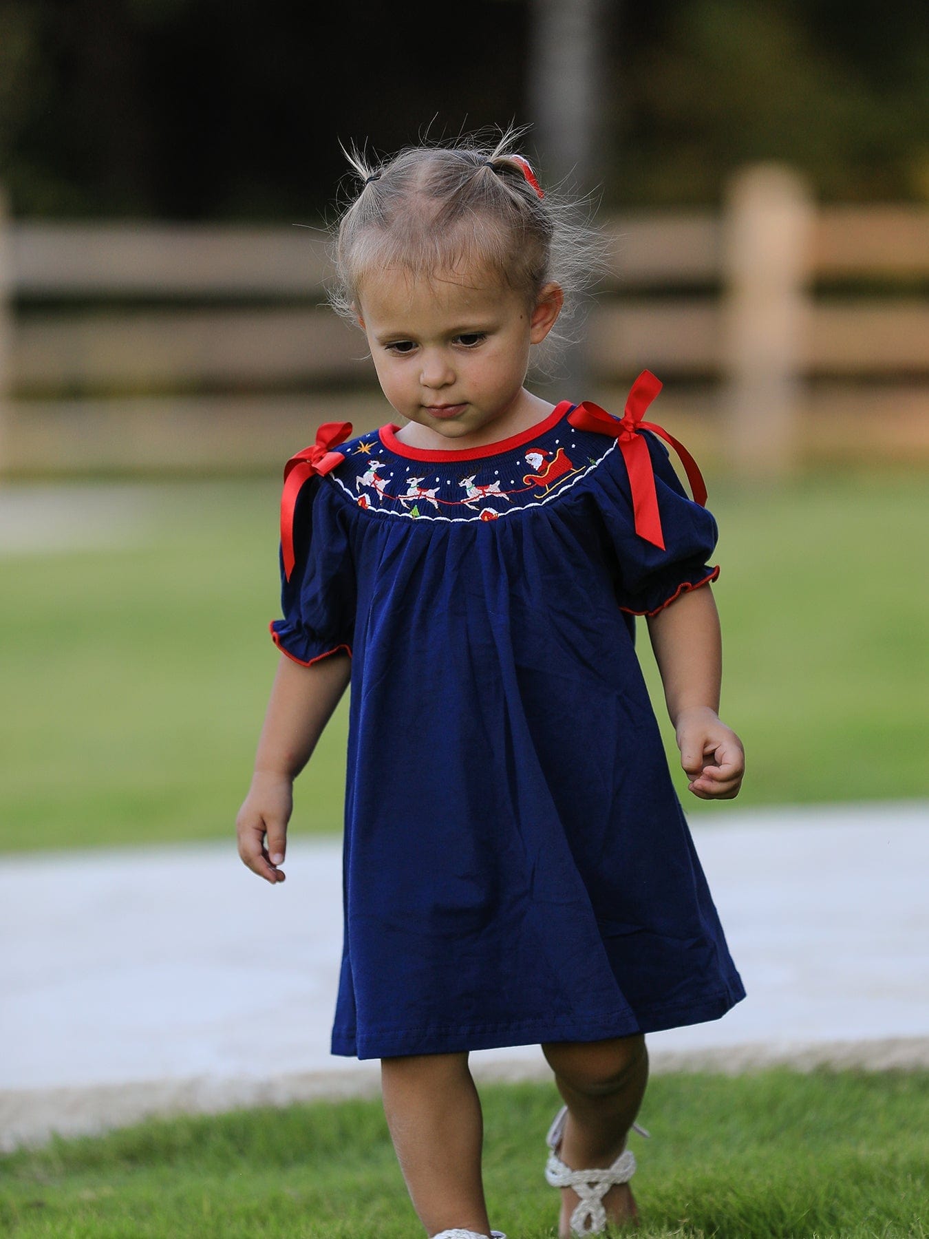 Rylee Faith Designs Christmas  Holiday Celebration Dress: Navy with Santa Sleigh