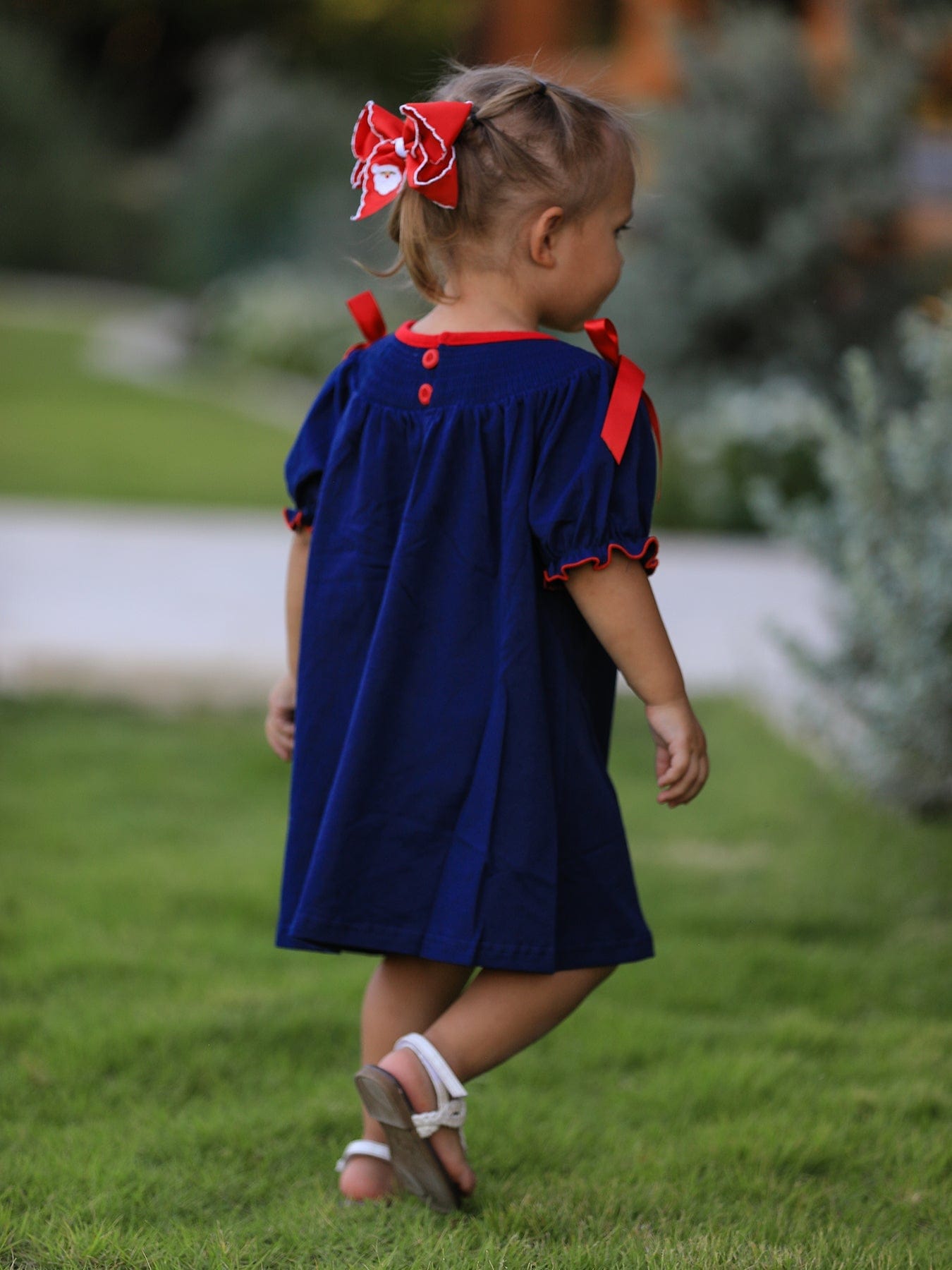 Rylee Faith Designs Christmas  Holiday Celebration Dress: Navy with Santa Sleigh