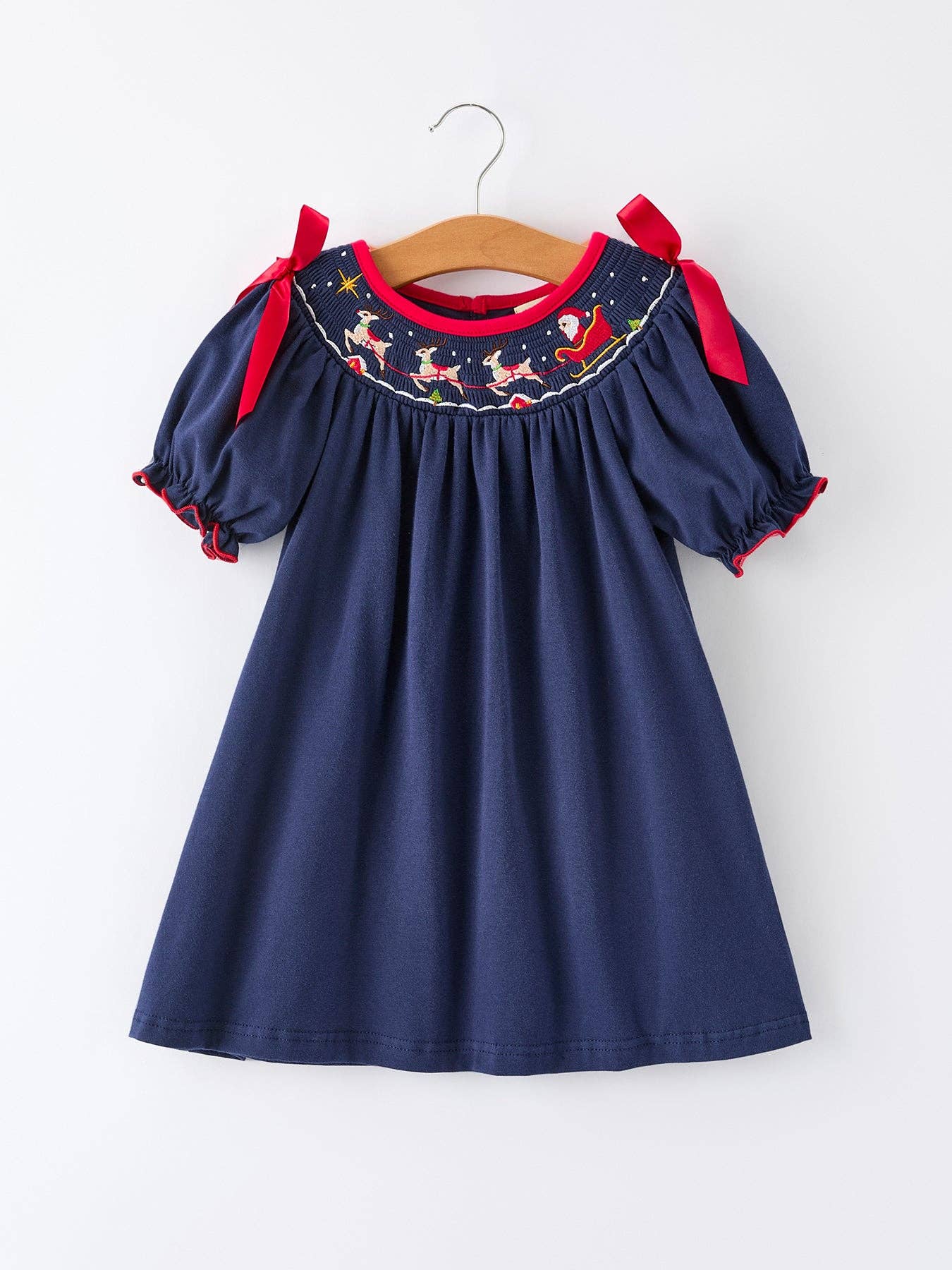 Rylee Faith Designs Christmas  Holiday Celebration Dress: Navy with Santa Sleigh