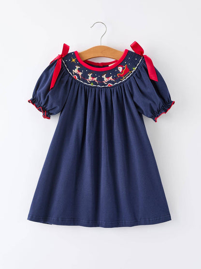 Rylee Faith Designs Christmas  Holiday Celebration Dress: Navy with Santa Sleigh
