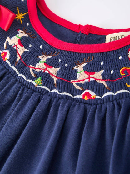Rylee Faith Designs Christmas  Holiday Celebration Dress: Navy with Santa Sleigh