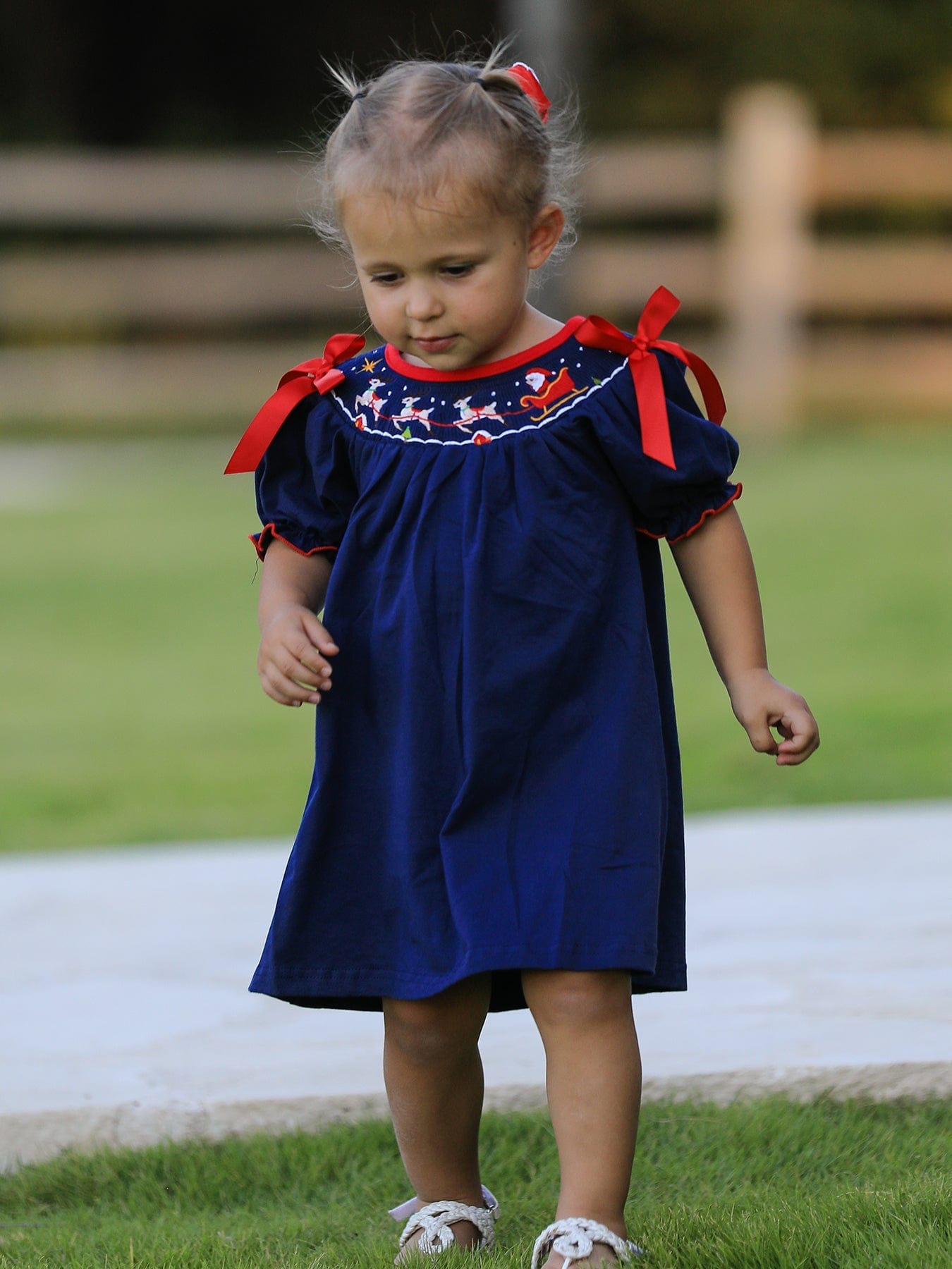 Rylee Faith Designs Christmas  Holiday Celebration Dress: Navy with Santa Sleigh