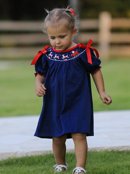 Rylee Faith Designs Christmas  Holiday Celebration Dress: Navy with Santa Sleigh
