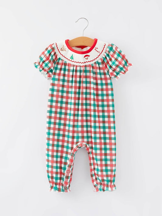 Rylee Faith Designs Christmas Plaid Smocking Embroidered Girls Romper