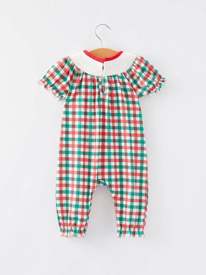 Rylee Faith Designs Christmas Plaid Smocking Embroidered Girls Romper