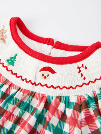 Rylee Faith Designs Christmas Plaid Smocking Embroidered Girls Romper